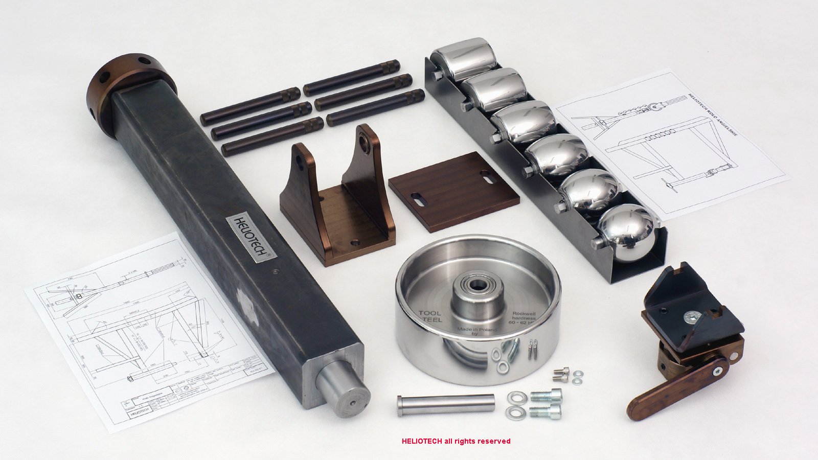 Set of English wheel components with elements for self-assembly: complete punch with pressure screw, set of 6 lower rollers in the magazine, upper roller, handles, drawings.